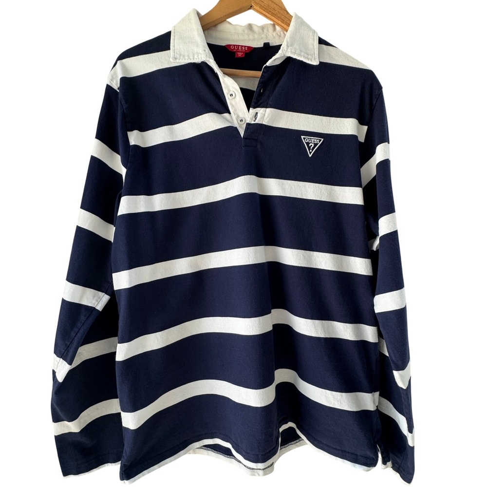 Guess Rugby Shirt Mens XL Classic Navy Blue White Striped Long Sleeve Logo Patch